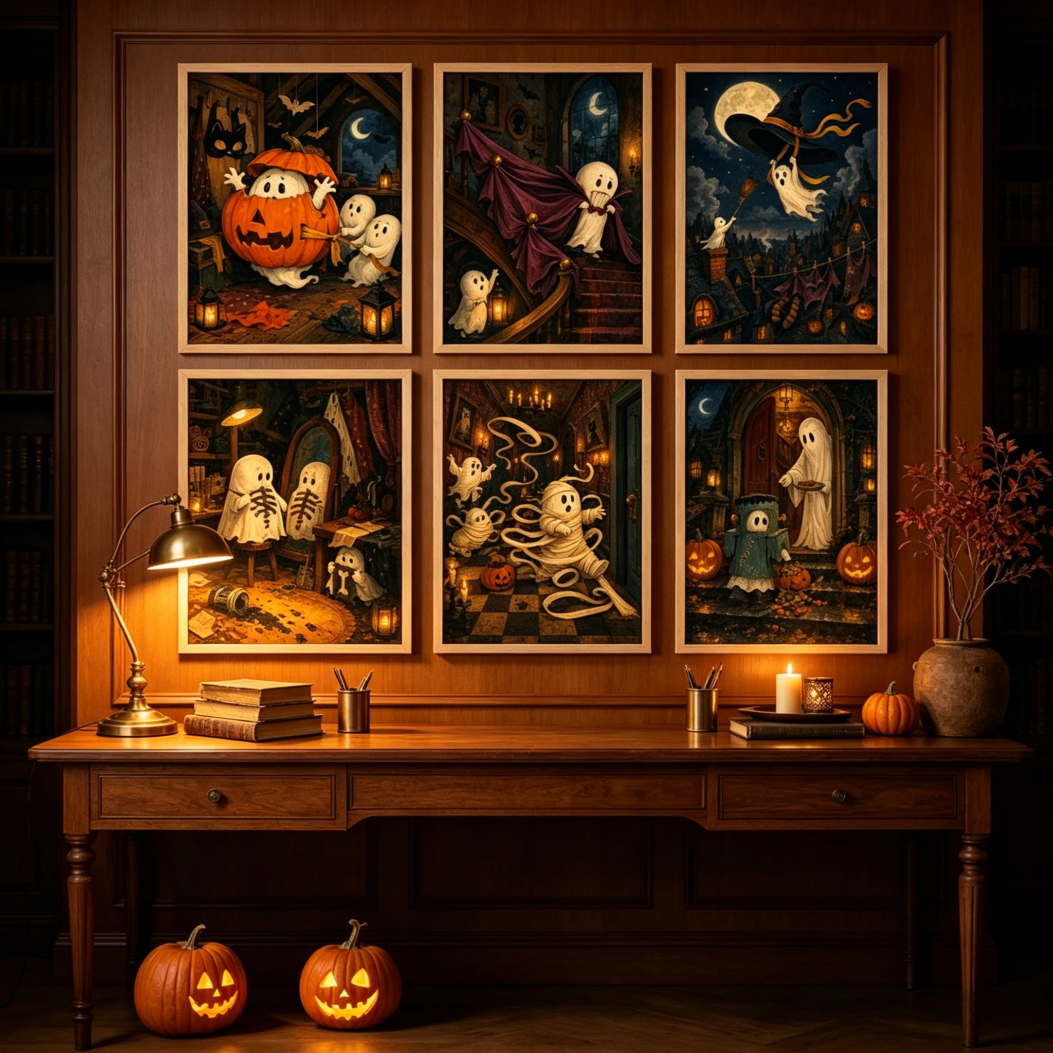 Cute Ghost Halloween Wall Art Retro Pumpkin Mummy Witch Poster Canvas Prints for Home Living Room Halloween Decoration Unframe
