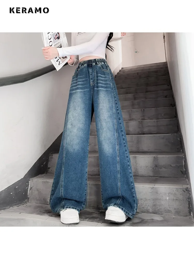 

Women's Y2K Casual Eclectic Denim Trouser Retro High Waist Distressed Jeans Vintage Elastic Waist 2000s Street Straight Pants