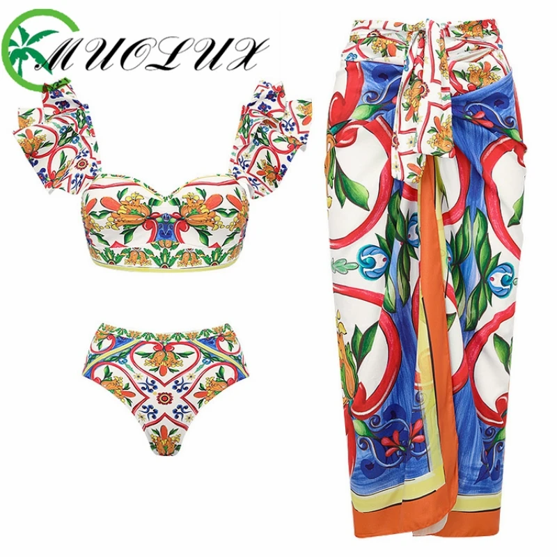 

2024 New Sexy Ruffle Bikini Set Printed Brazilian Biquini Women Swimwear Skirt Bathing Suit Girls Summer Beachwear Dress