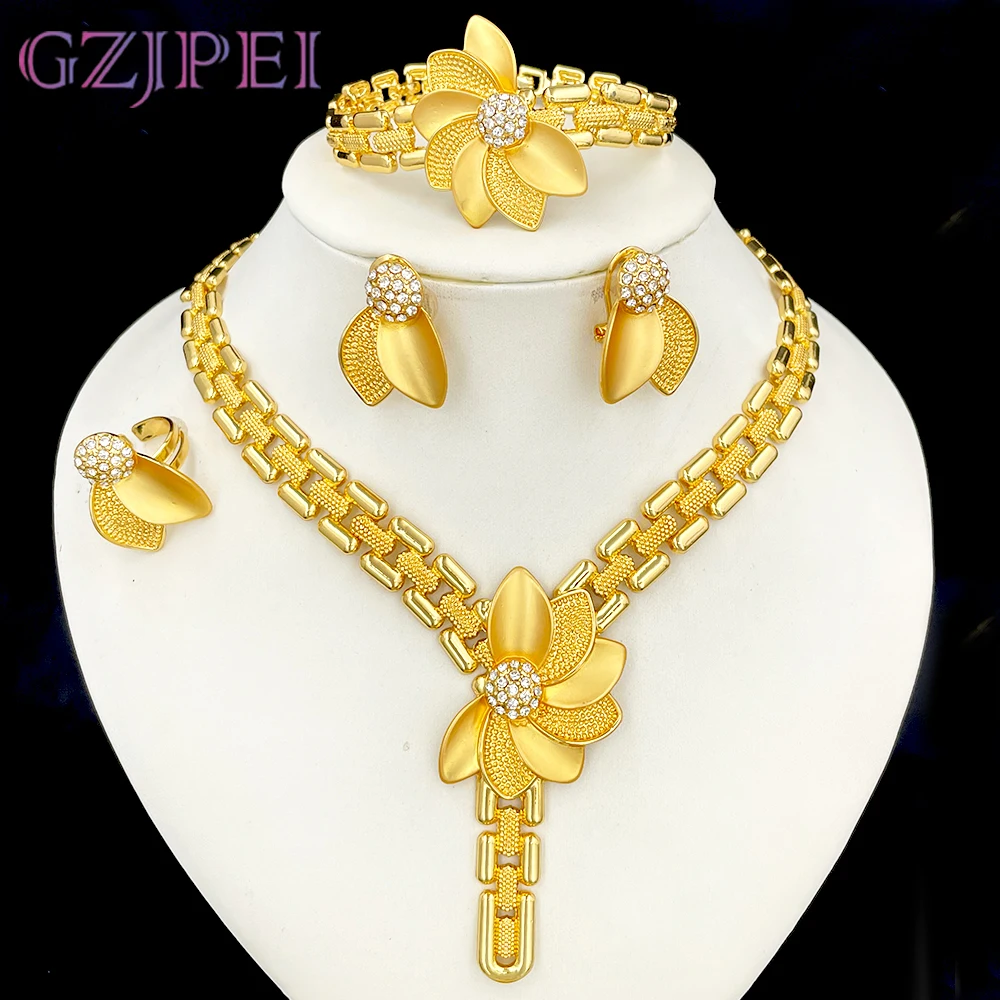 

GZJPEI Nigerian Dubai Gold Color Jewelry Set 2025 New Wedding Gift Elegant Flowers Necklace Bracelet Set Beach Jewellery