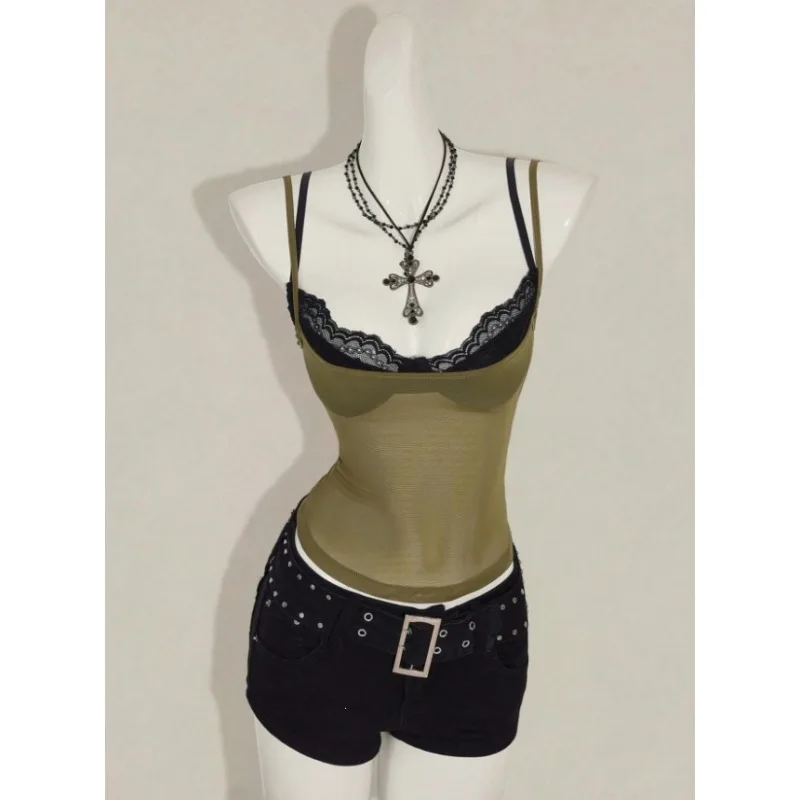 Women Summer High Waist Backless Sleeveless Top Sweet Hot Sexy Sheer Lace Solid Color Splice Slim Fit Halter Tank Top(No inner)