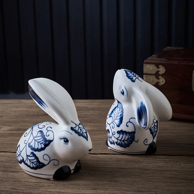 Escultura De Conejo De Porcelana Azul Y Blanca, Artesanía De Animales De Cerámica De Simulación, Regalos De Decoración Del Hogar