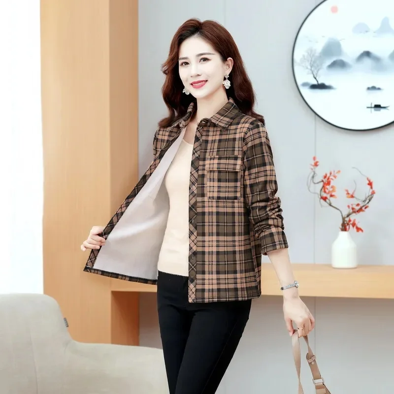 

Fashion Women's Plaid Shirt 2025 Spring Autumn New Plus Velvet Thick Long Sleeved Casual Versatile Shirt Coat Top Mom's Clothing