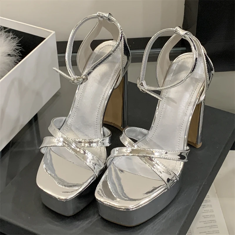 Eilyken Sommer Extreme High Heels Karree Plattform Frauen Sandalen Mode Schmale Band Schnalle Party Kleid Schuhe