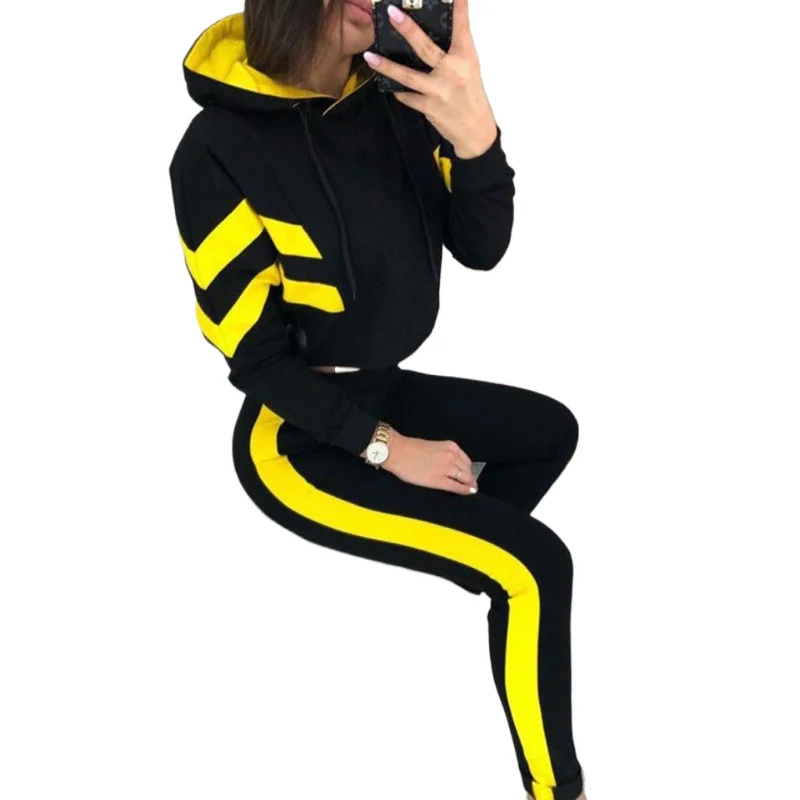 

Autumn Casual Suit For Women Elegant Contrasting Color Print Hooded Top Elastic Waist Small Leg Pants 2 Piece Set 2024 New