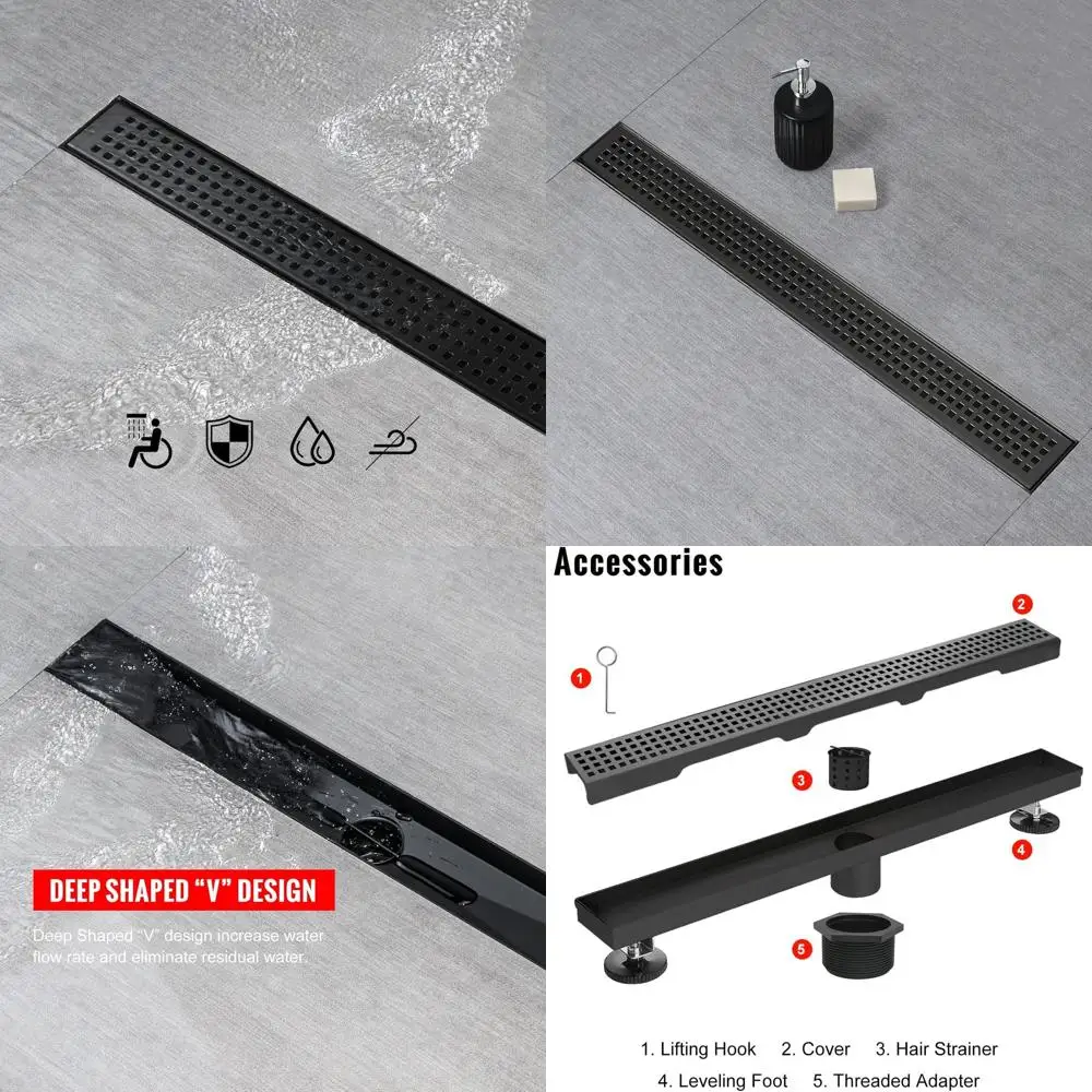 24 مصفاة دش خطية سوداء غير لامعة مع شبكة قابلة للإزالة ومصفاة شعر، من الفولاذ المقاوم للصدأ قابل للتعديل