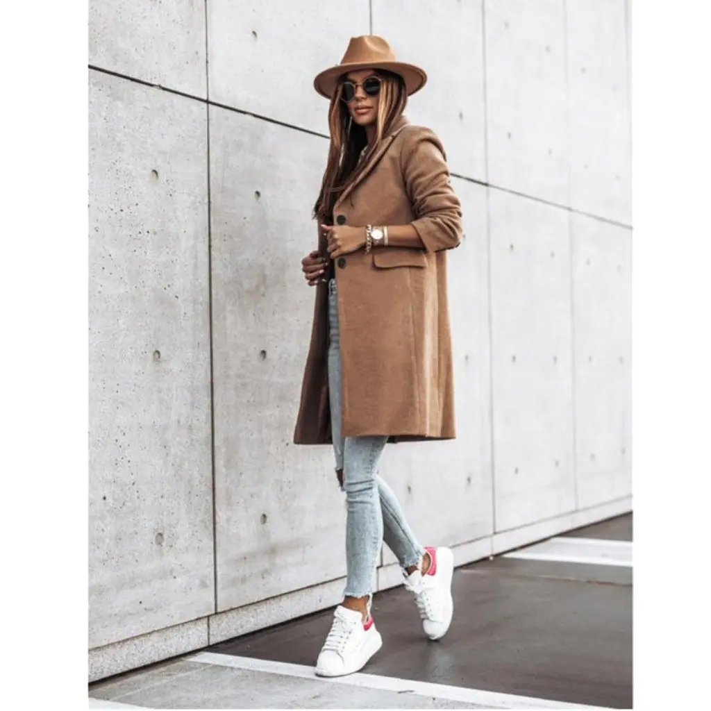 

Jin Han Women's Long Sleeve Button-Up Woolen Coat Simple Autumn Winter Outerwear Free Shipping from