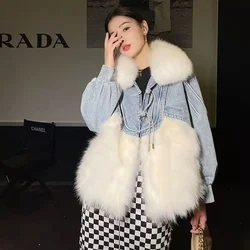 2026 Women Winter Fashion Thick Faux Fox Fur Jackets Female Patchwork Denim Coats Ladies Long Sleeve Loose Warm Outwear Clothes