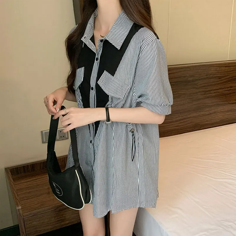 Office Lady Patchwork Striped Loose Blouse Female Clothing Stylish Shirring Single-breasted Summer Korean All-match Midi Shirt