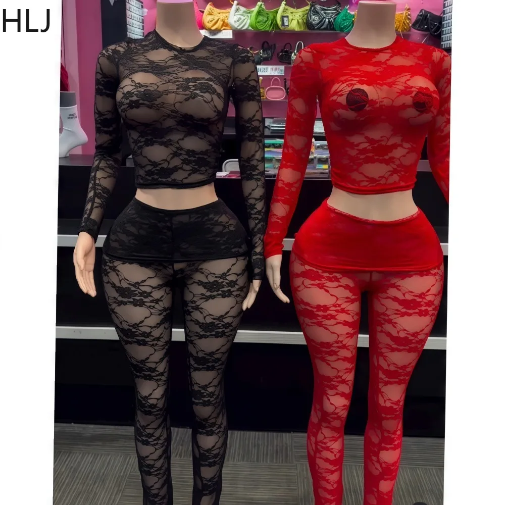 HLJ Sexy Floral Lace 2 Piece Sets Woman Outfit Hollow Out See Through Crop Tops + Fake Skirt Pants Suits Female Night Clubwear