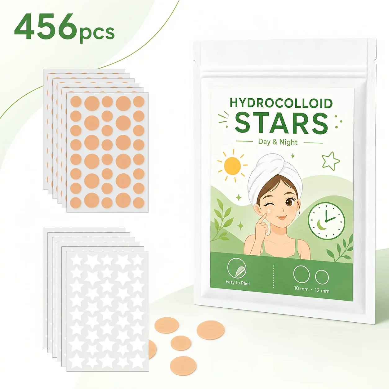 456PCS Hydrocolloid Pimple Patches, Clear Star & Skin Tone Round Face Stickers for Men Women, Day Night Party Use