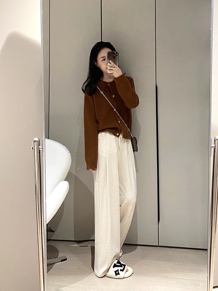 

Женские трикотажные брюки с высокой талией и широкими штанинами, осень 2023, свободный крой, прямые, повседневные, имитация кашемира