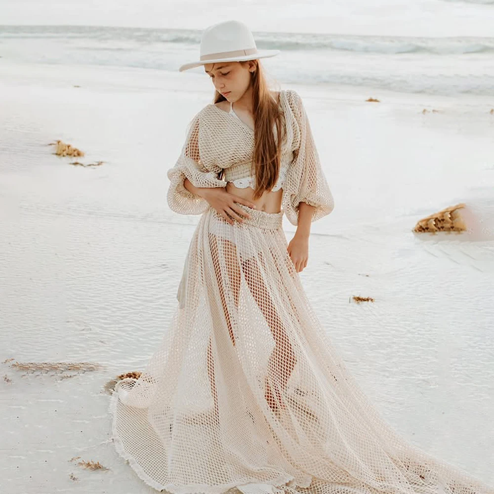 بوهو الأمومة التصوير فستان قطعتين الكروشيه متماسكة ماكسي الحمل ثوب فلوي شاطئ استحمام الطفل الزي الأمومة تبادل لاطلاق النار ارتداء