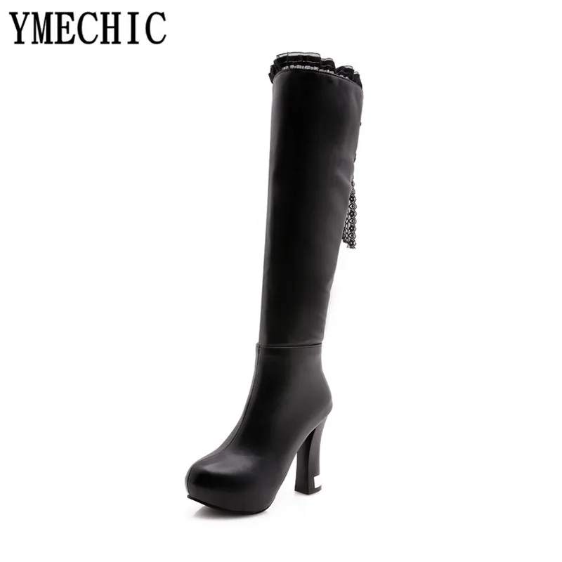 YMECHIC-Botas hasta la rodilla de tacón alto para caballero, zapatos de plataforma con volantes de encaje atado en cruz, color blanco y rosa dulce, 2023