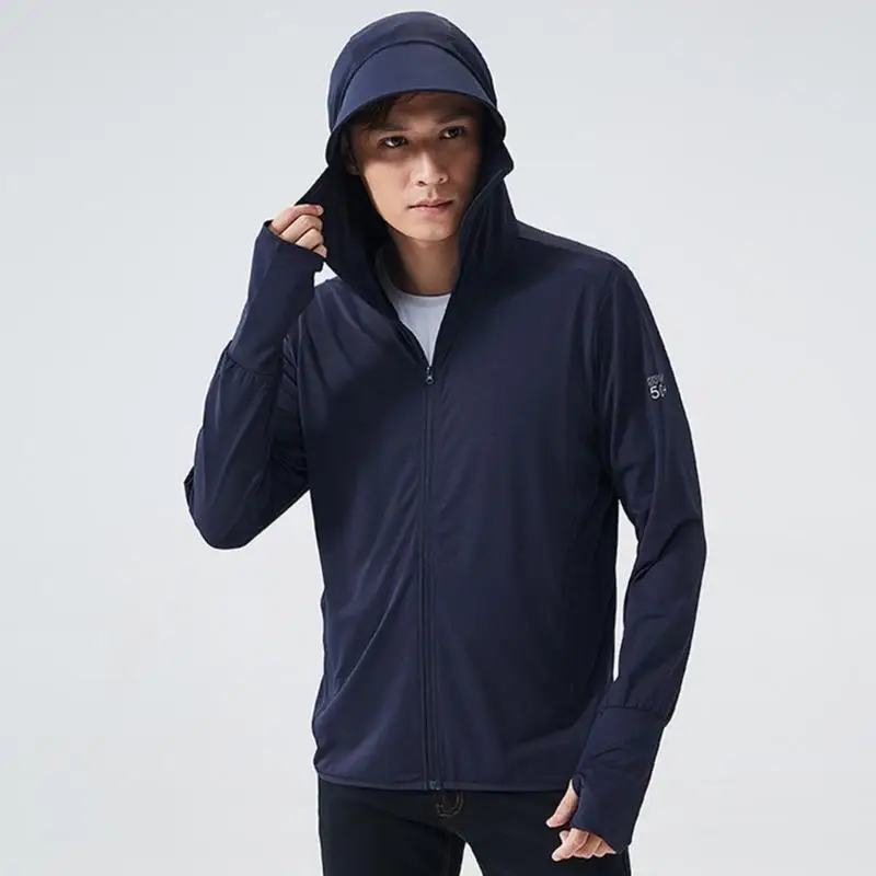 

652F Mens Zippered Sun Protective Hooded Outdoor Hiking Long Sleeve Shirt Summer Ice Silk Outwear Coat with Pockets