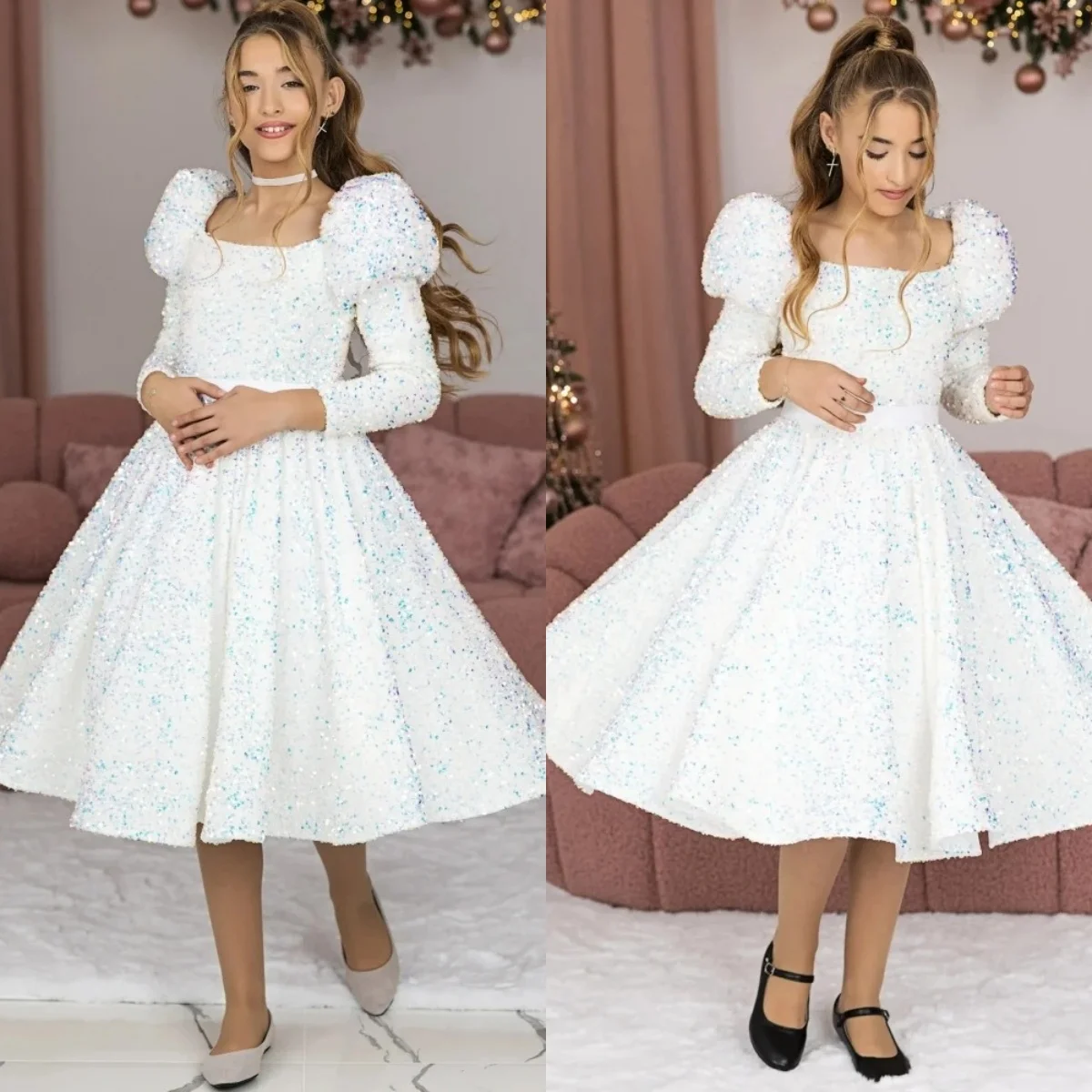 

Flower Girl Dresses For Wedding Sequins Knee Length Princess First Communion Pageant Gowns For Baby Child Birthday Party