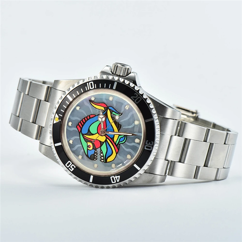 GMT Bezel Mechanical Watch 39.5mm Steel Retro Case + Oyster Strap Luminous Colorful Tooth Fish Dial NH35 Movement