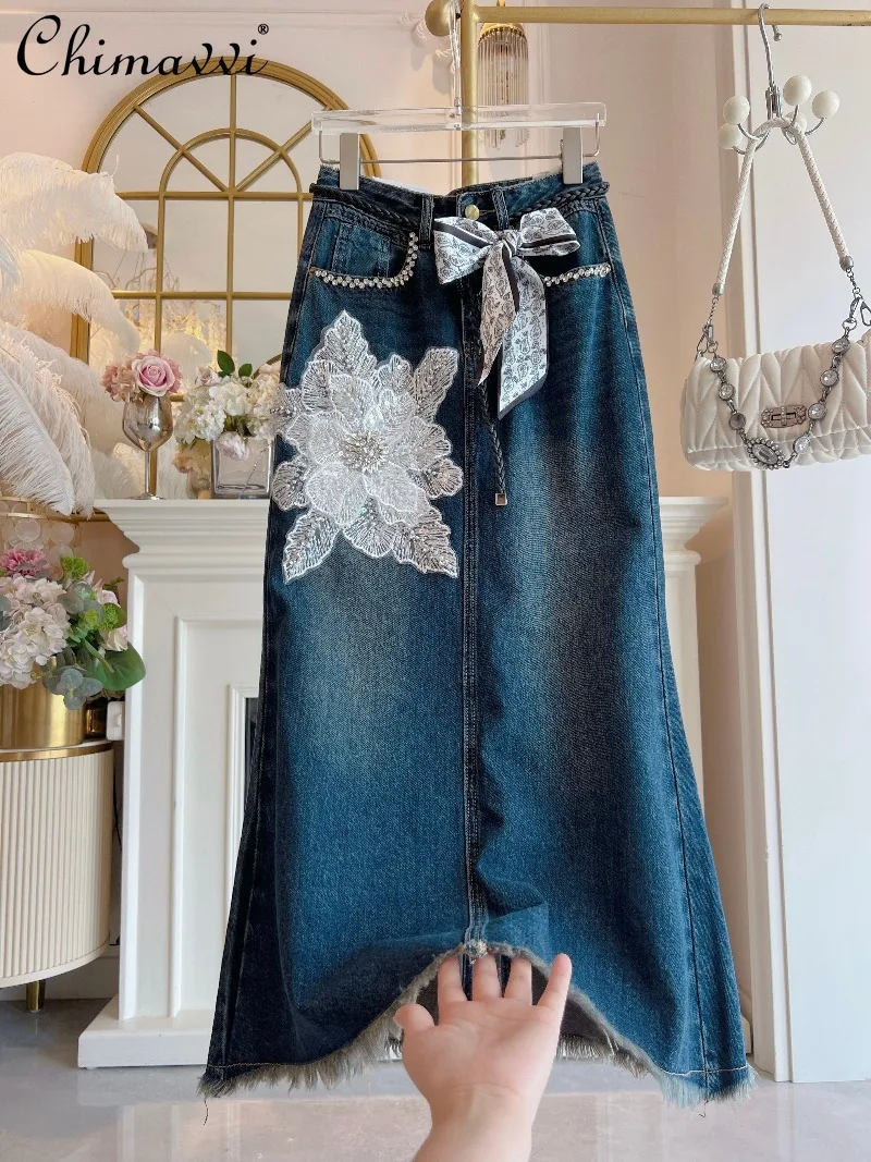 

Fashion Vintage Tassel Mid-Length Skirt for Women 2025 Autumn Clothes New Heavy High Waist Slimming Elegant A-Line Skirt