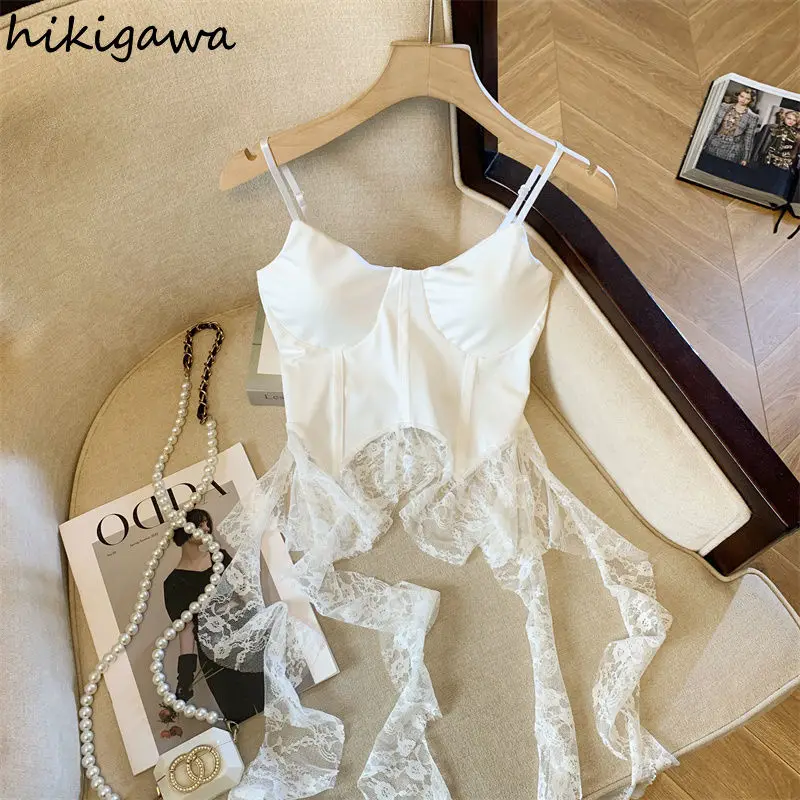 

Sexy Tanks Crop Tops Women Clothes Patchwork Lace Tassel Slim Fit Summer Camis Ropa Mujer Fashion Irregular Vest Y2k Accessories