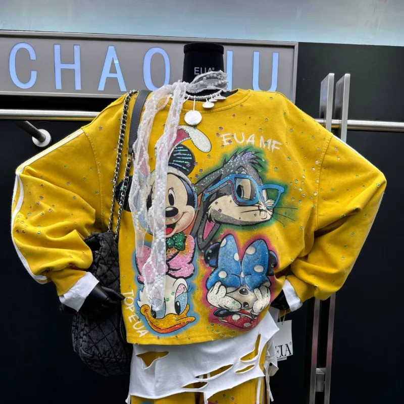2025 Autumn New Heavy Sequin Cartoon Sweatshirt Coat For Women's Fashion Loose Design Pullover Hoodies Jacket Outerwear Ladies