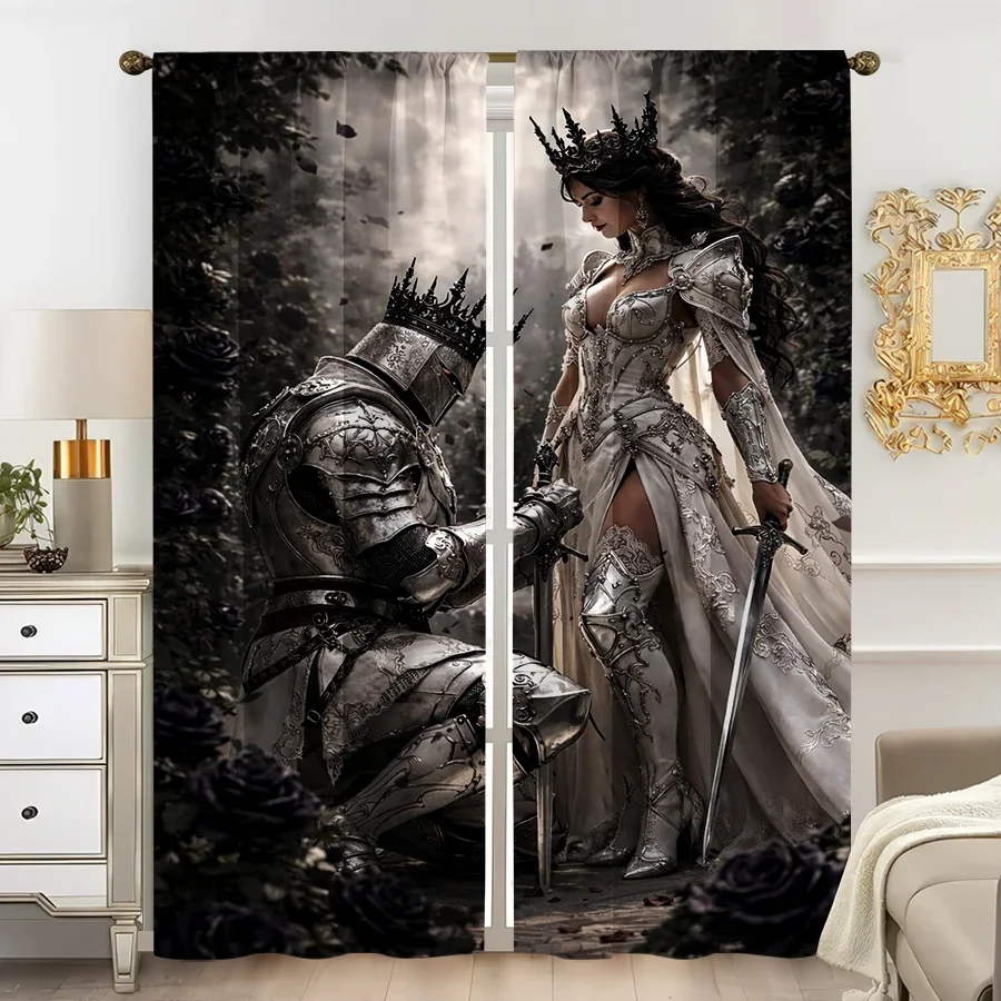 2pcs Fantasy Gothic Warrior Queen Knight Curtain Pair Dramatic Movie Scene Decor Window Curtains Black and White