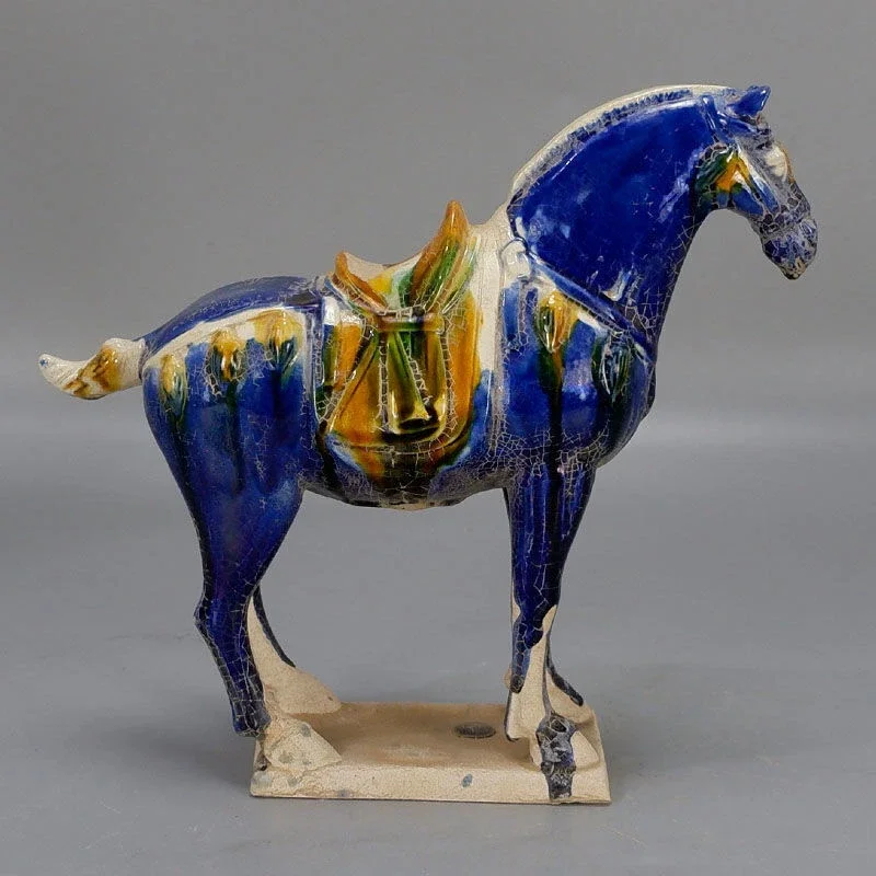 9 Inch Chinese Tang Tri Color Glazed Ceramics Blue War Horse Porcelain Statue Tabletop Home Display Decor Collection Gift