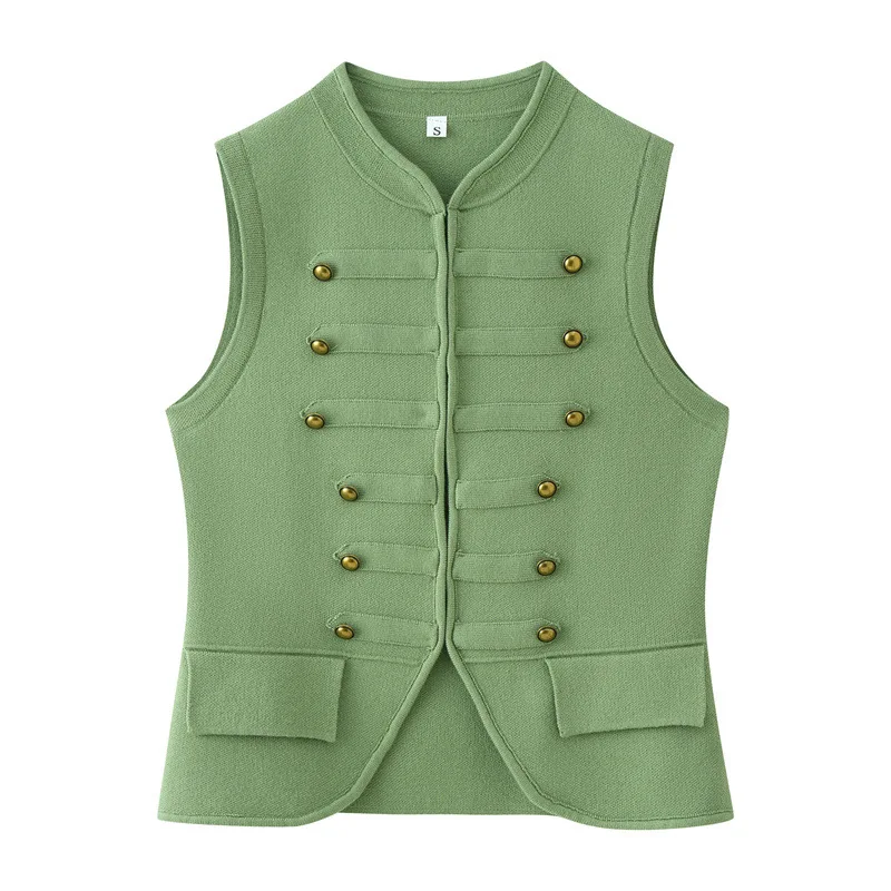 Solid Color Sleeveless Knit Vest Waistcoat Vintage Double Side Metal Buttons Loose Women Casual Layering Knit Gilet 20260602