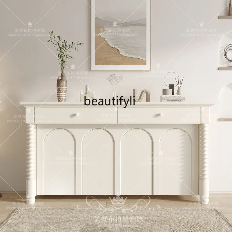 zq American-Style Solid Wood White Sideboard Cabinet French Arched Door Entrance Cabinet Nordic Locker Chest of Drawers