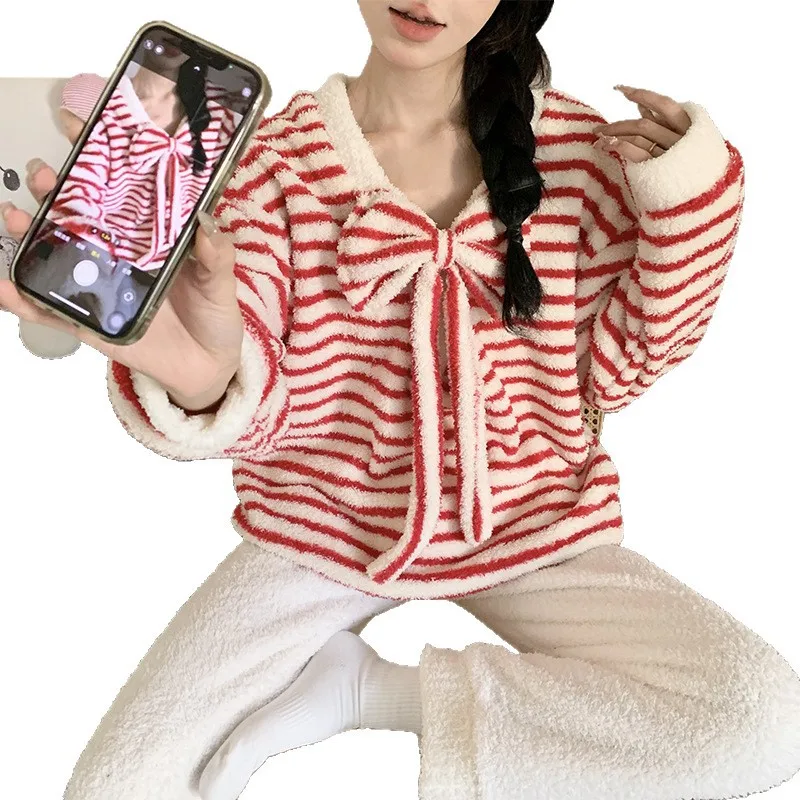 القوس عيد الميلاد Pjs مجموعة المرأة بيجامة مجموعة كبيرة الحجم ملابس المنزل المرأة بيجامة شتوية دافئة ملابس المنزل العصرية ، منامة