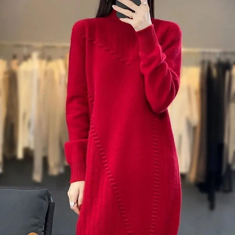 

Women Medium Lng Wool Sweater Spring Autumn Winter Half High Collar Knitted Sweater Dress Female Casual Thick Pullover Jumper