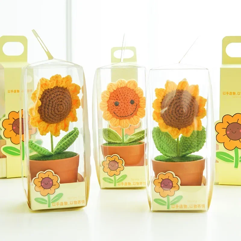 Holiday Gift: Handmade Knitted Sunflower Potted Plants, Finished Yarn Weaving, Desktop Decoration, House Plants Decoration