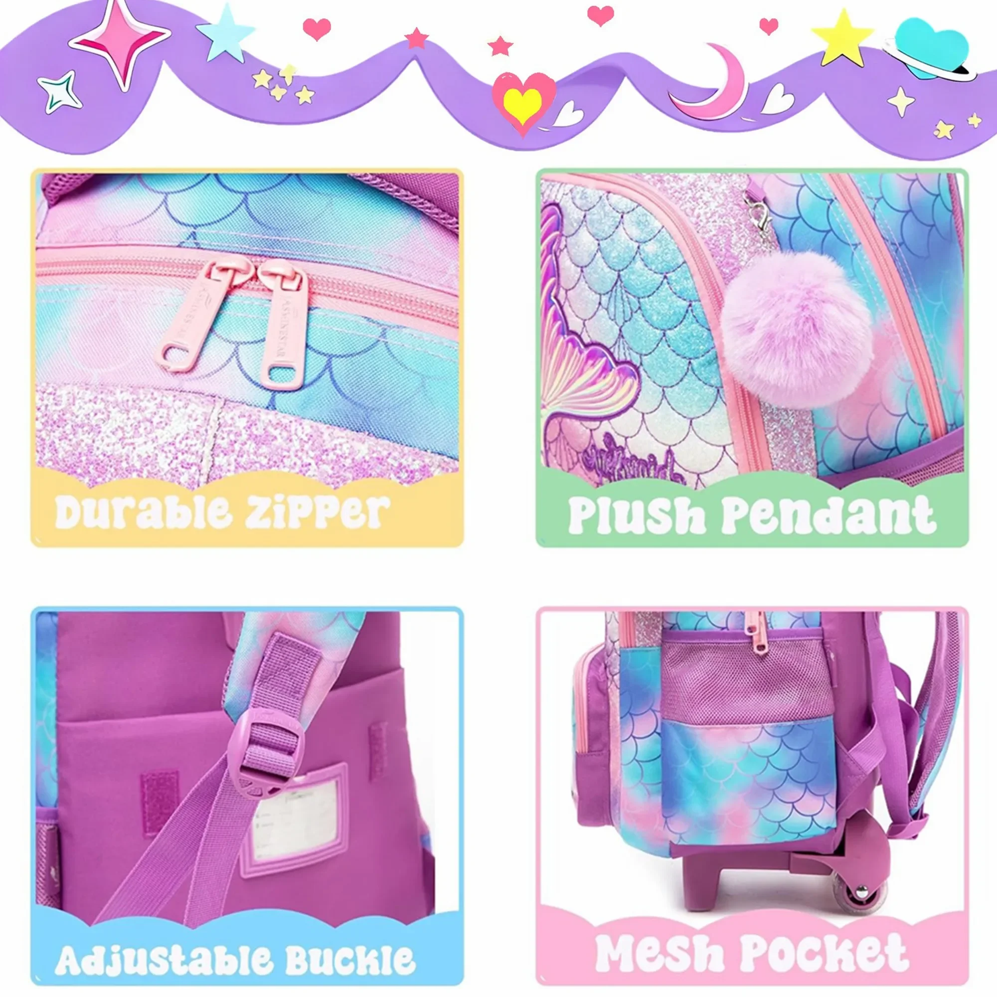 Bunnyfly Cute Mermaid Rolling Backpack Kids Travel Suitcase with Wheels Elementary Student Carry-On Luggage Roller Backpack