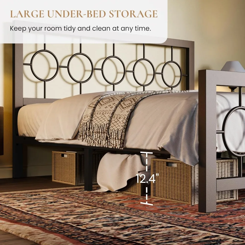 Cadre de lit en métal queen size avec tête de lit circulaire vintage, aucun sommier tapissier nécessaire, assemblage facile de 30 minutes, finition marron sans bruit