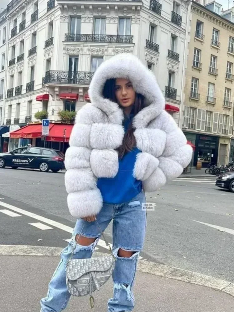 Moda sıcak Faux kürk kalınlaşmak Coat kadınlar için Vintage uzun kollu kapşonlu kısa kadın ceketler sonbahar kış Chci Lady Streetwear