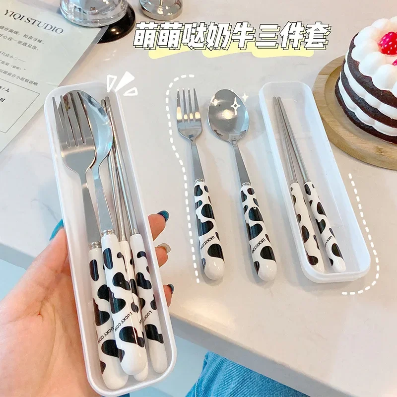 

Stainless Steel Tableware Portable Cutlery Set Cute Cartoon Chopsticks Spoon Fork with Ceramic Handle Student Tableware