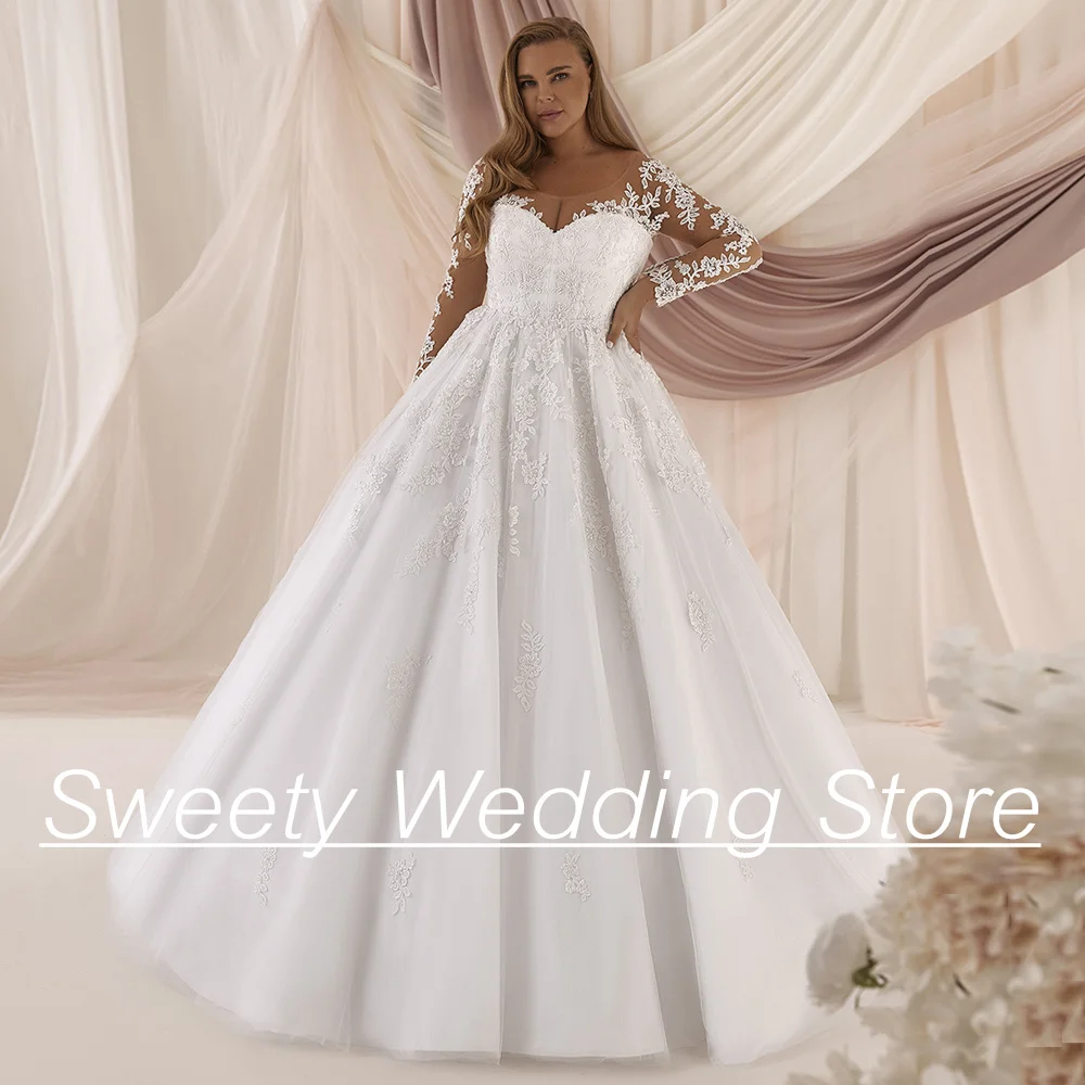 فستان زفاف كلاسيكي مقاس كبير مخصص بأكمام طويلة ورقبة سكوب مزين بقطار سويب فيستدوس دي نوفيا مشد فستان زفاف