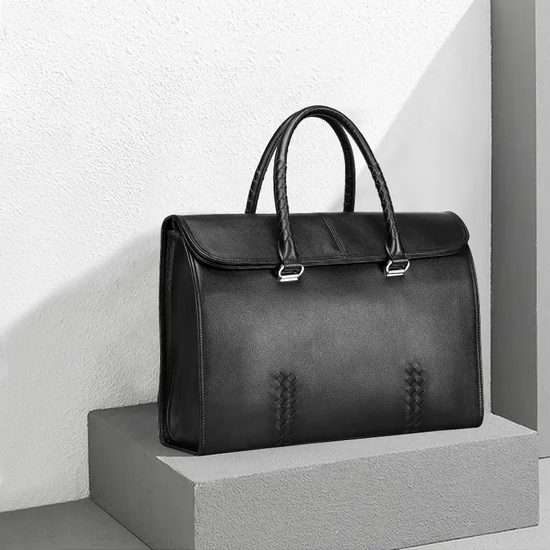 Fashion Genuine Leather Large Capacity Business Briefcase 15inch Cowhide Laptop Luxury Men Bag Handmade Woven Men's Handbag