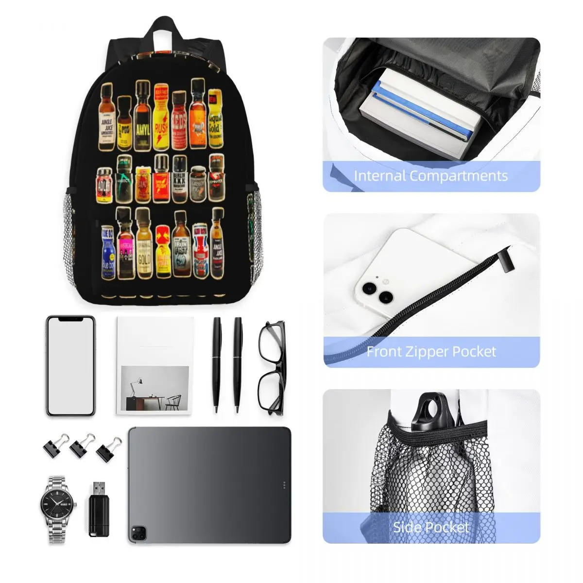Poppers Bottles Gay Rush Jungle Juice Amyl Inhaler Backpack Hot Sale Daypack Large Capacity BookBag Shoulder Bags School Bag