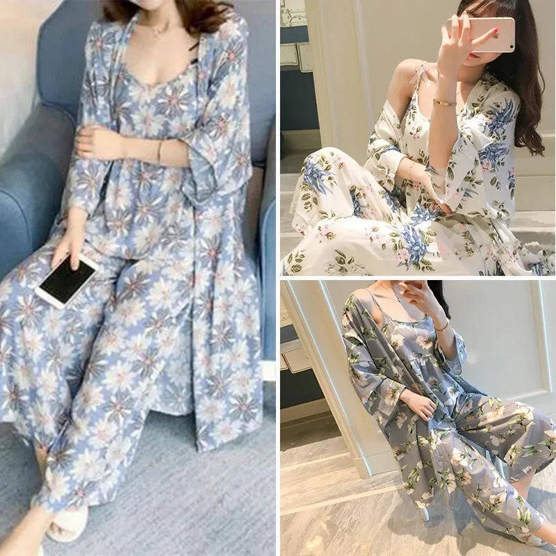 Women's New Flower Print Pajamas Suspenders Pajamas Three-piece Loose Loungewear Set Pajamas