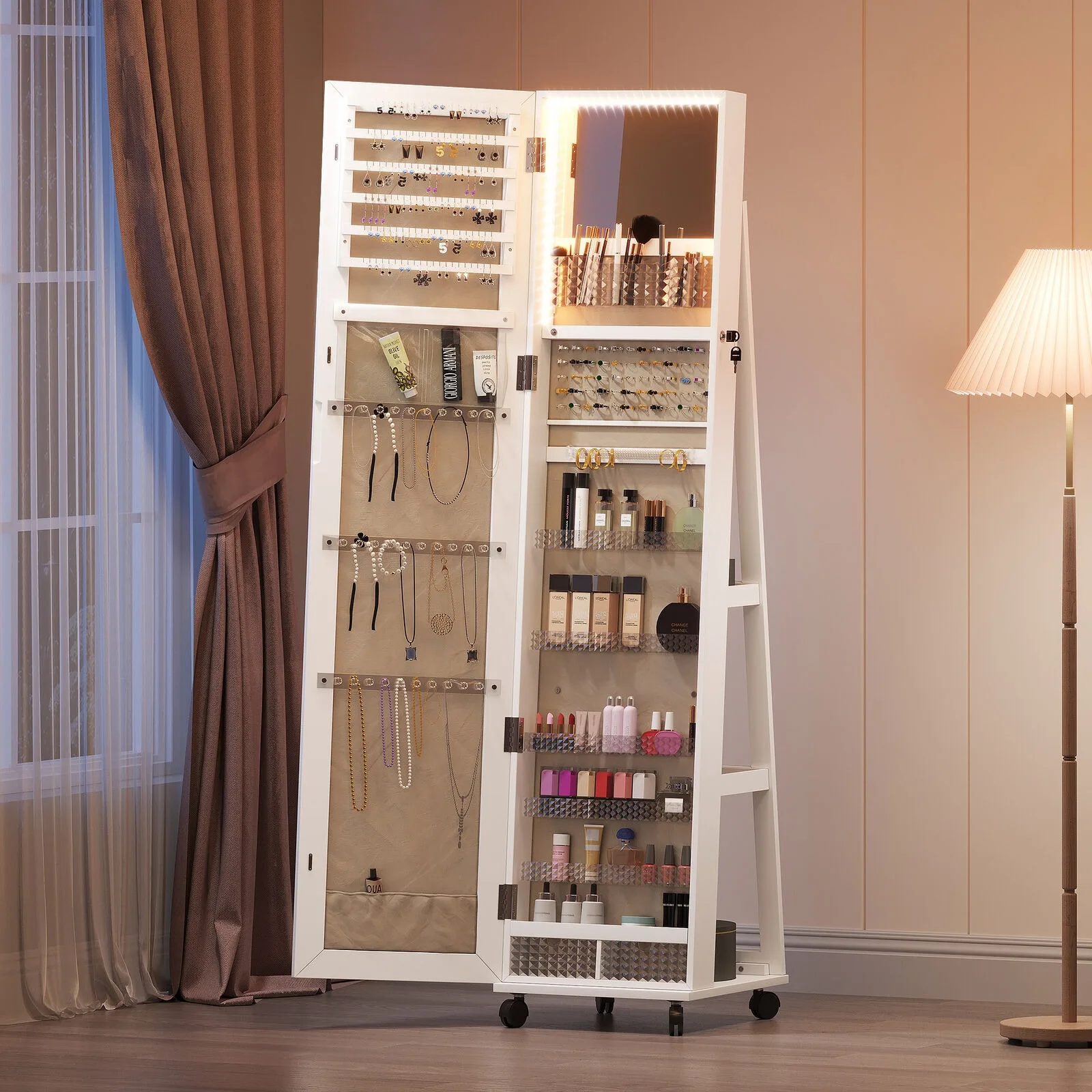 360° Swivel Jewelry Cabinet w/Full Length LED Mirror Lockable Armoire Organizer United States