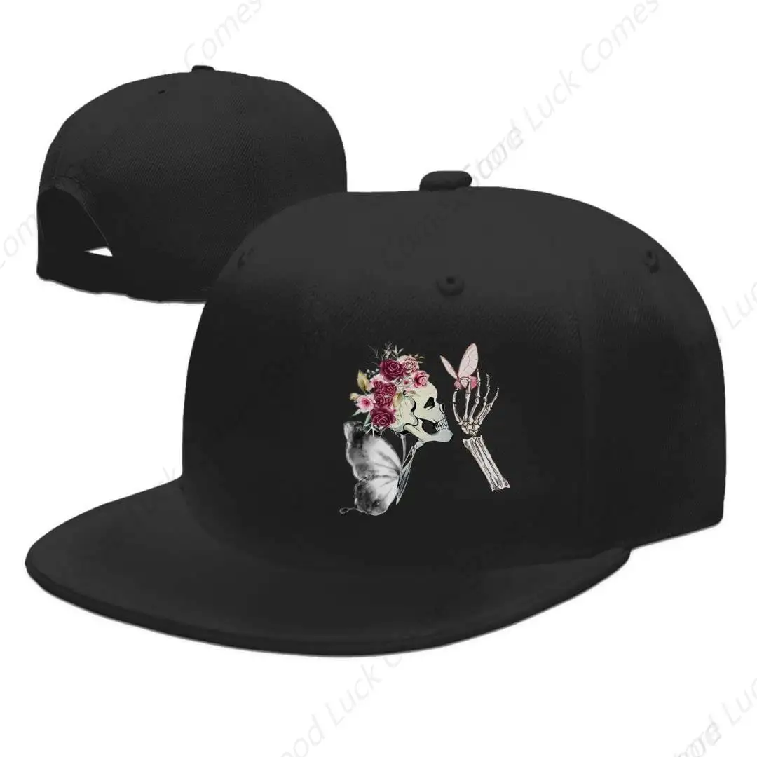 Skull and Rose Hats for Women Snapback Caps for Men Skeleton Cap Black Flat Bill Brim Trucker Snap Backpack Hat Fitted Skull Hat