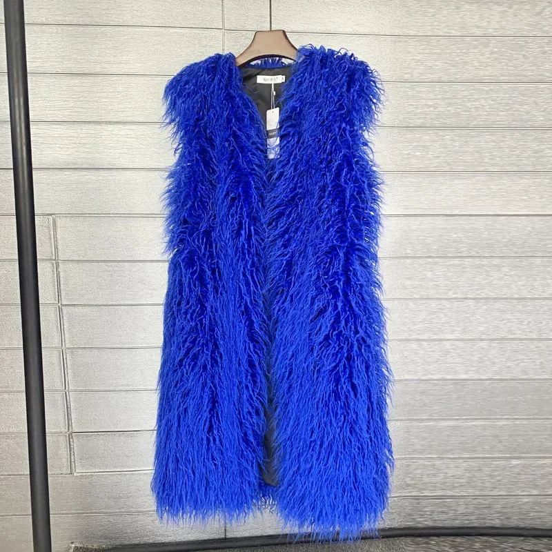 Women Long Vest Jacket Mongolia Sheep Fur Colorful Warm Faux Fur Plush Coats Autumn Winter Furry Outerwear Maxi Coat Windbreaker