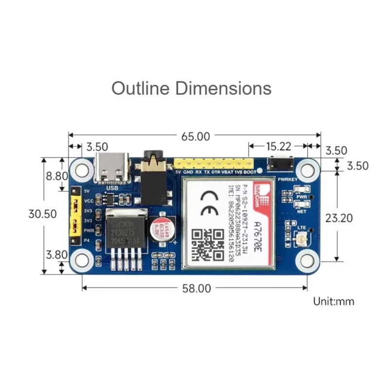 Permanence Cat-1 HAT pour Raspberry Pi Multi Band, A7670E, 2G, 101GStore S LBS, Europe, RON, Asie de l'Ouest, Afrique, Chine, Corée du Sud