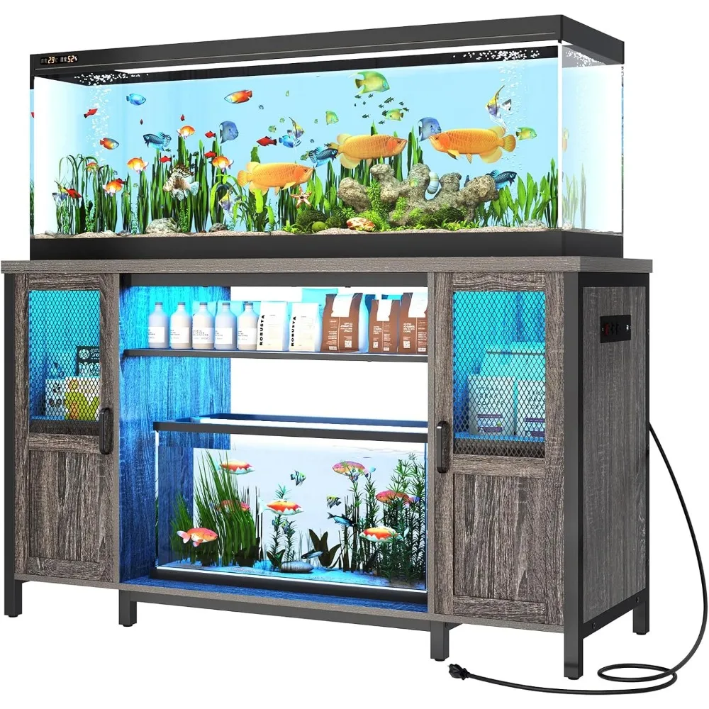 

55-75 Gallon Fish Tank Stand with Power Outlet&LED Lights, Heavy Duty Metal Aquarium Stand for 2 Fish Tank Accessories Storage,