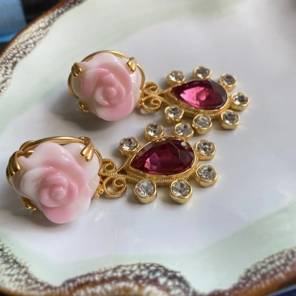 

2026 New Arrival Medieval Vintage High-end Elegant Pink Rose Red Rhinestone Earrings Ear Clip Statement Jewelry for Women