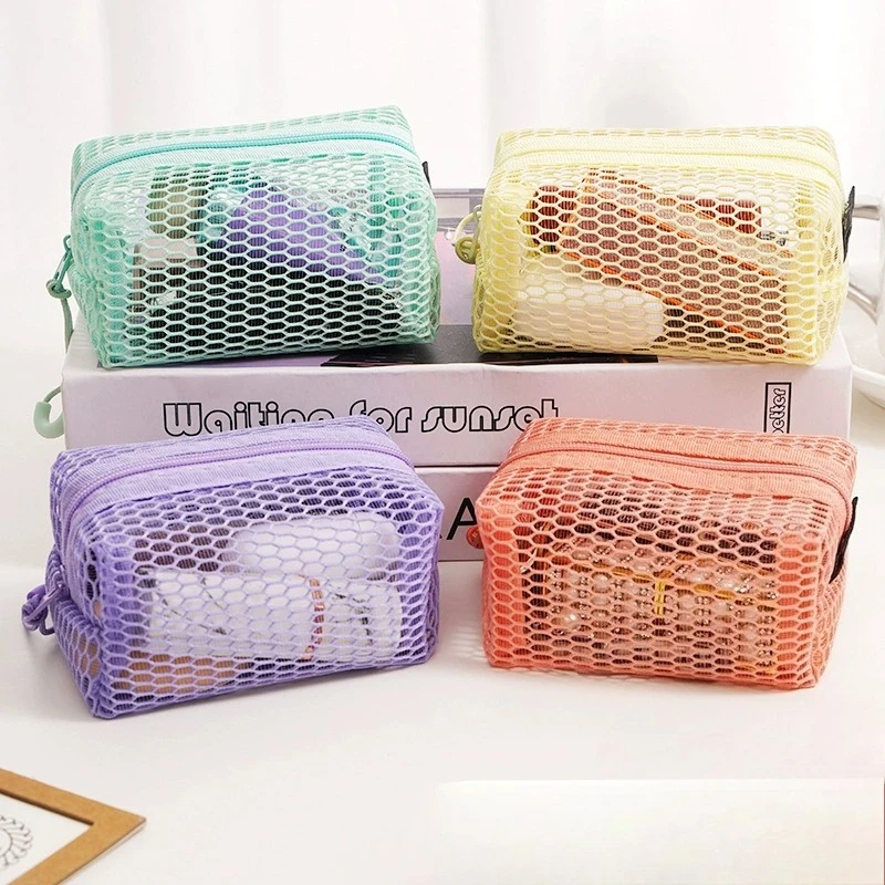 Square Mesh Cosmetic Bag Portable Mini Storage Pouch for Earphones Keys Lipstick Data Cable Coin Purse for Women