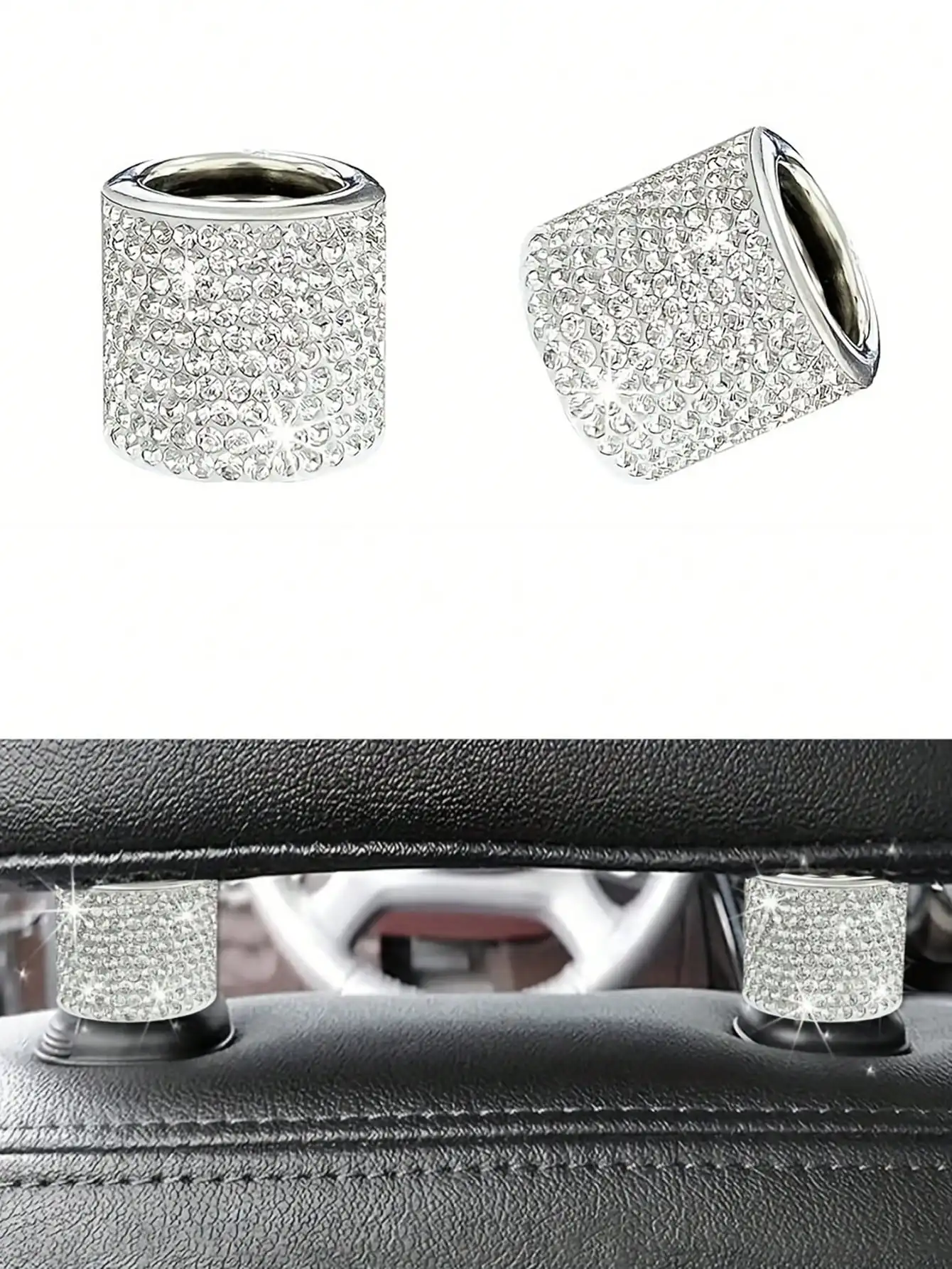 

2pcs Sparkling Rhinestone Car Headrest Decorative Rings, Universal Fit
