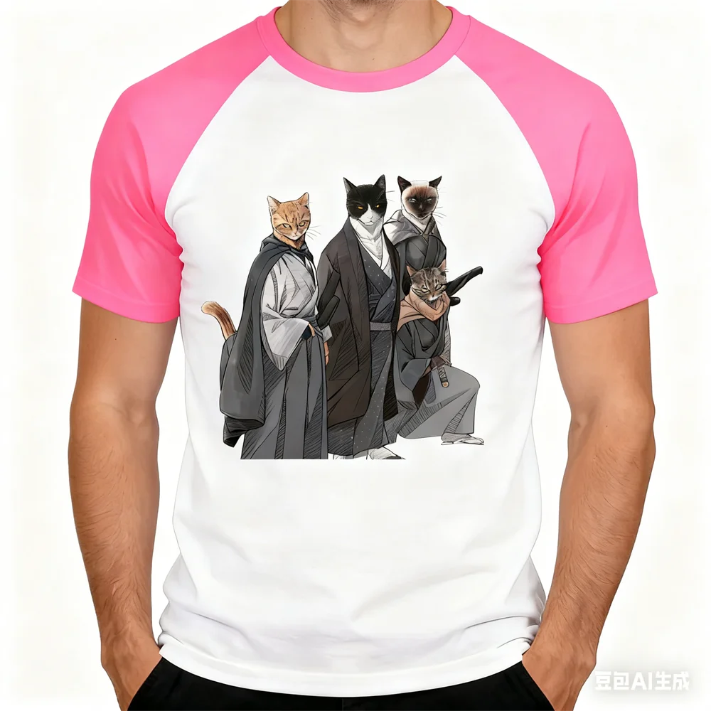 3D Samurai Cat Pattern Men's T-shirt Summer Outdoor Street Funny Men Clothing Tops Hip Hop Daily Unisex O-neck Short Sleeve Tees