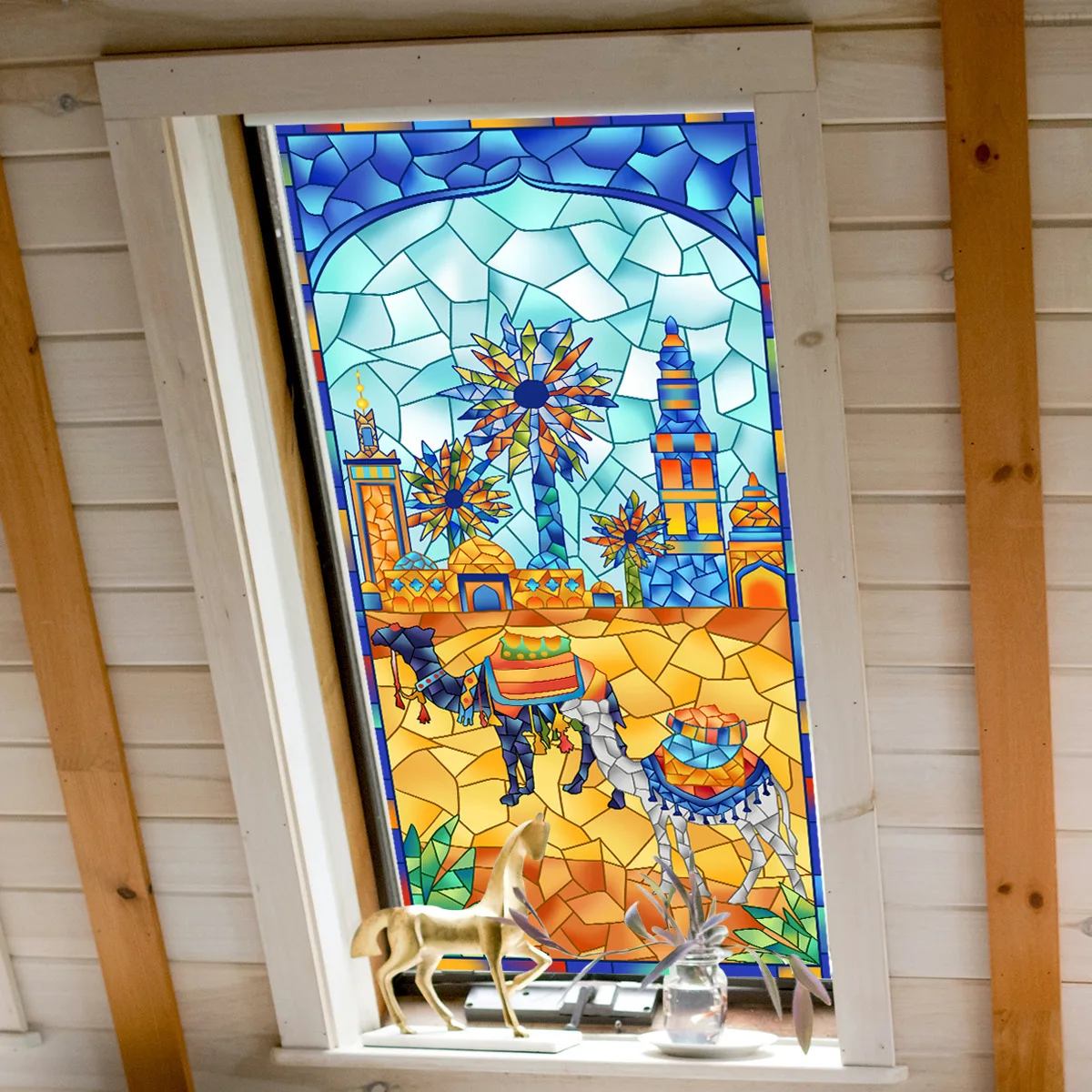 

Stained Glass Camel Static Window Clings - Colorful Cartoon Animal Decor for Living Room & Bedroom