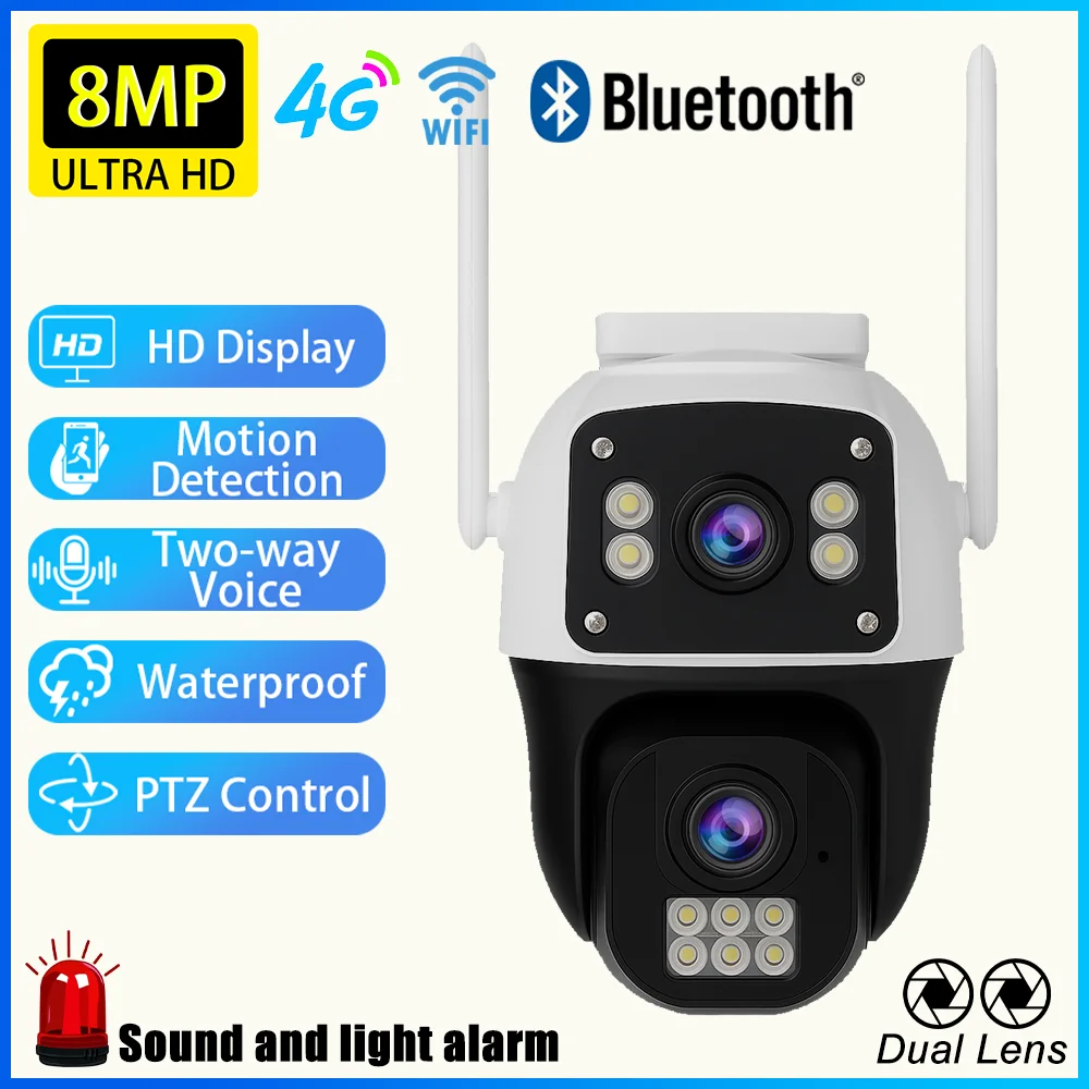 

8MP 4K IP Camera WiFi/4G Dual Lens Indoor Security Camera Wireless Outdoor Sound‑Light Alarm CCTV Surveillance Camera For Home